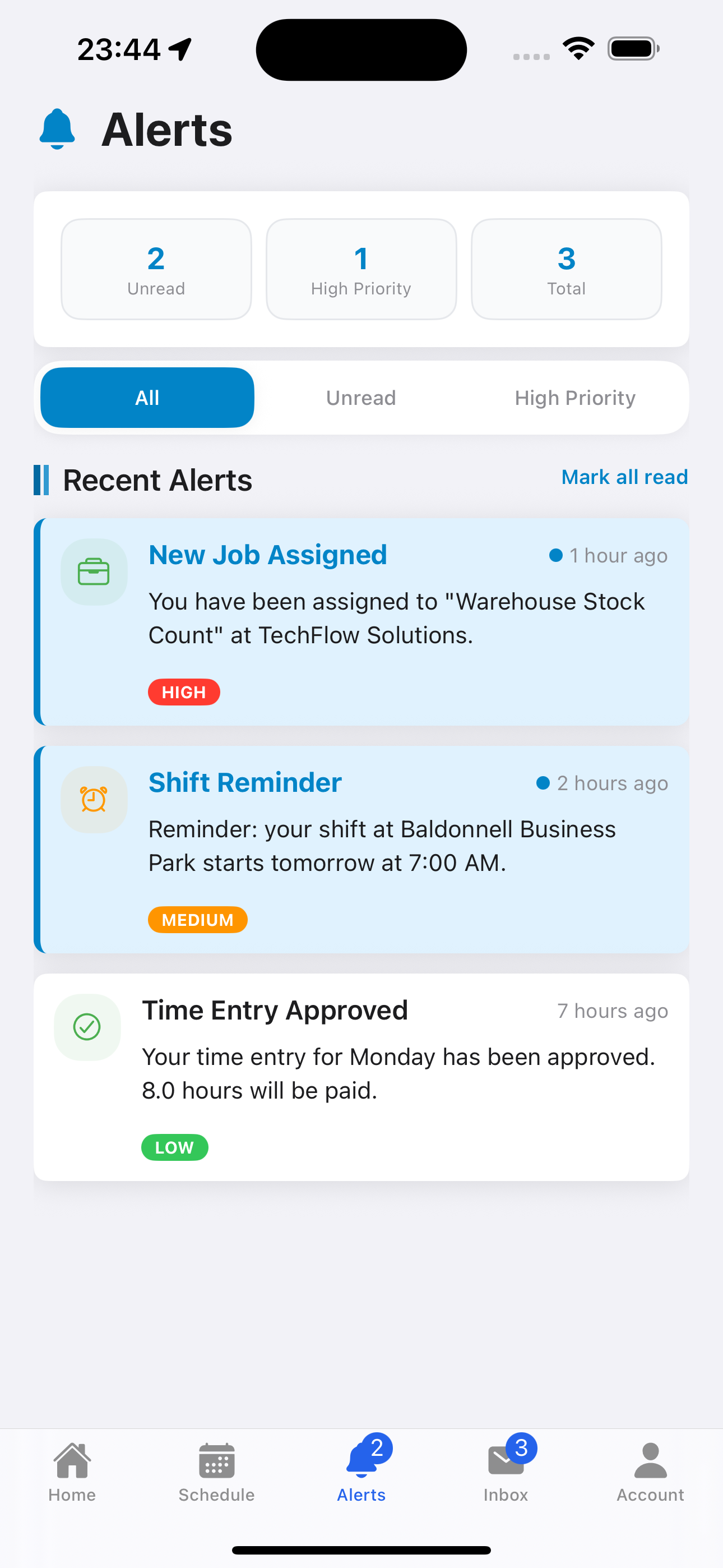 Alerts tab showing real-time notifications