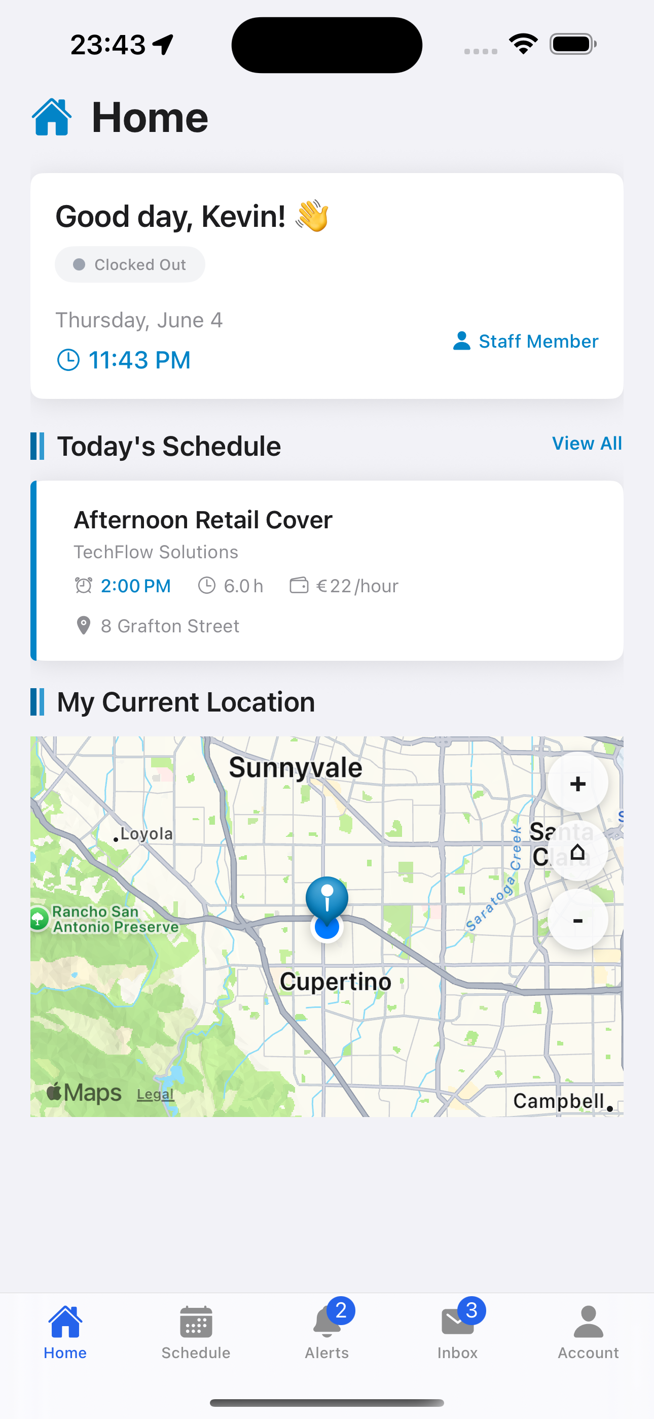 Home tab showing today's schedule and location