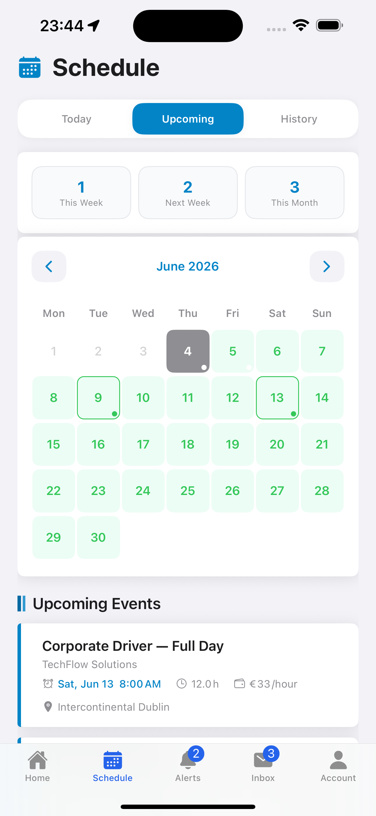 Schedule tab showing upcoming shifts and history